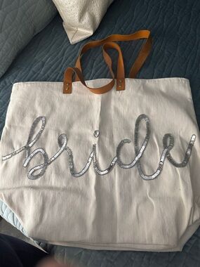 Large Sequin “BRIDE” Canvas Tote with Tan Leather Straps